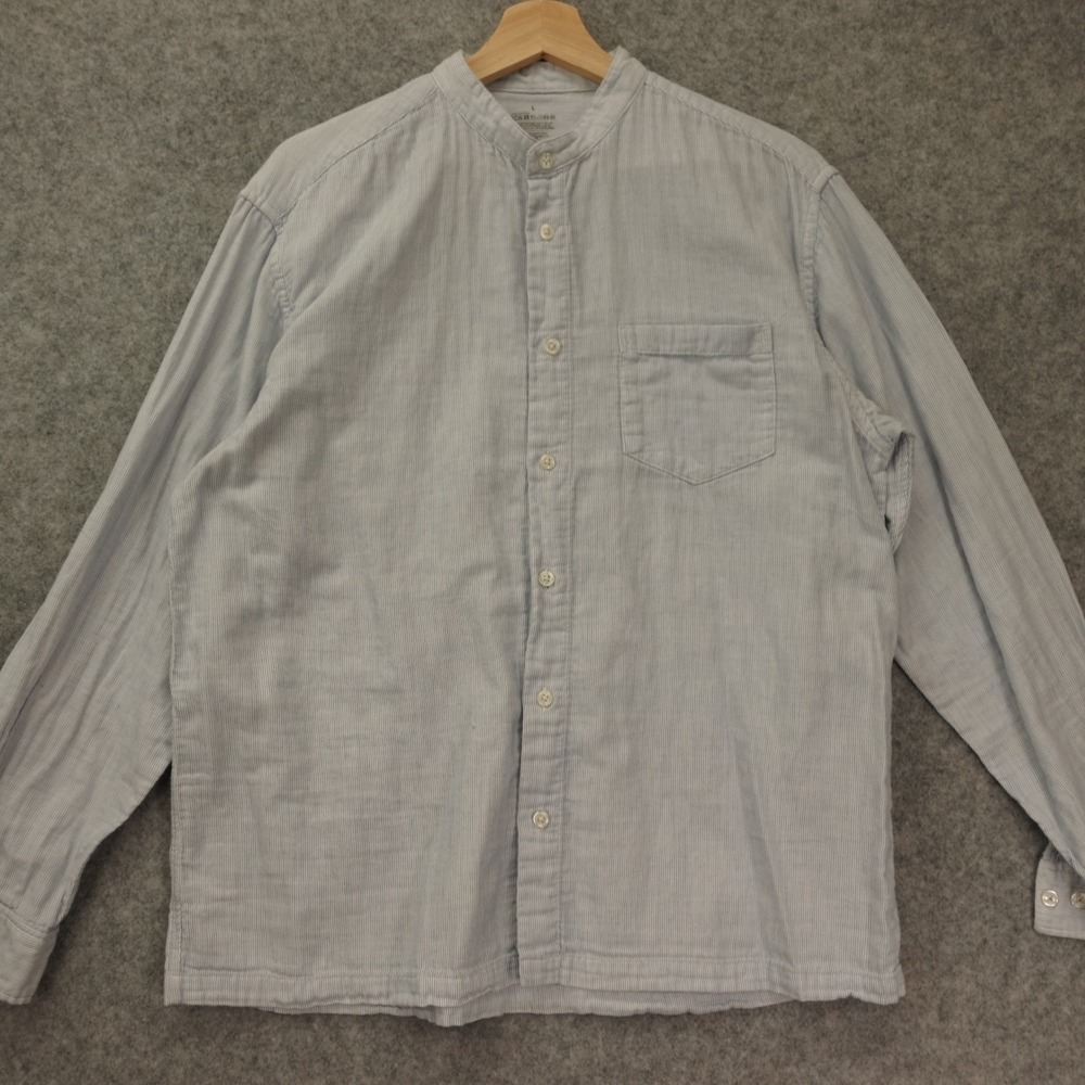 Muji Mens Mandarin Collar Shirt L Blue Micro Stripe Grandad Japanese Minimalist